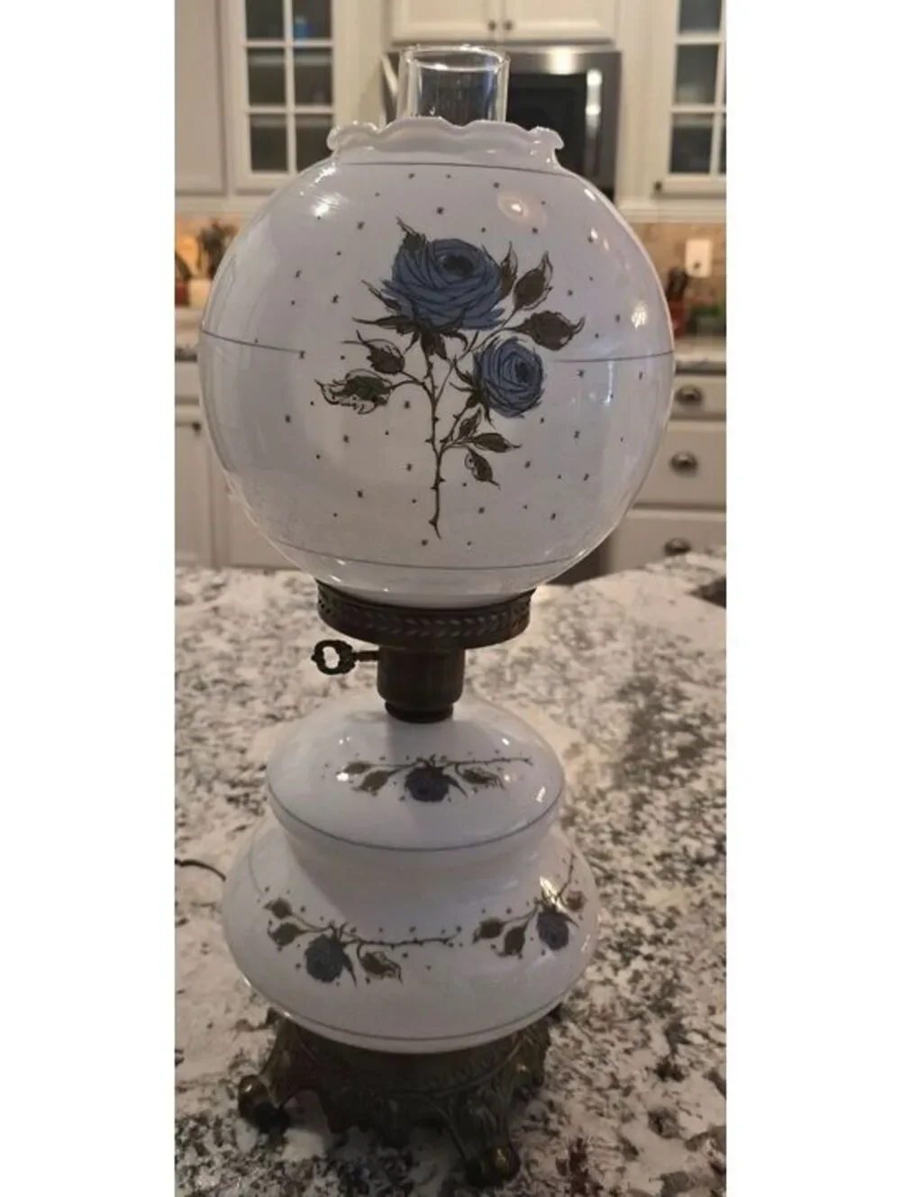 Vintage Gone With the Wind Hurricane Lamp Blue Roses 3-Way Satin Glass 21